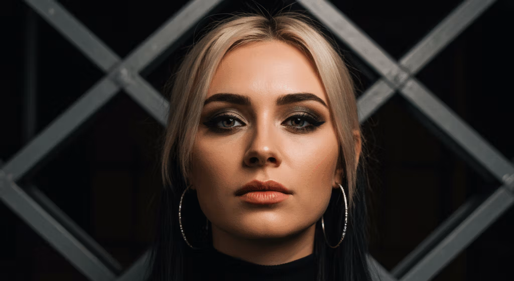 A close-up portrait of a woman with blonde hair and striking makeup, including dark eyeshadow and bold eyeliner, wearing large hoop earrings, set against a dark background with a geometric pattern.