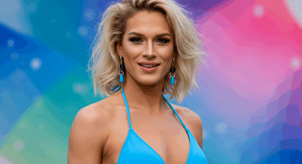 A woman with blonde hair wearing a turquoise dress and turquoise earrings, smiling at the camera with a colorful background.