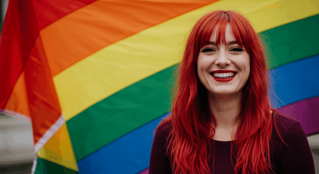 A smiling individual with vibrant red hair standing in front of a colorful rainbow flag, symbolizing LGBTQ+ pride and diversity.