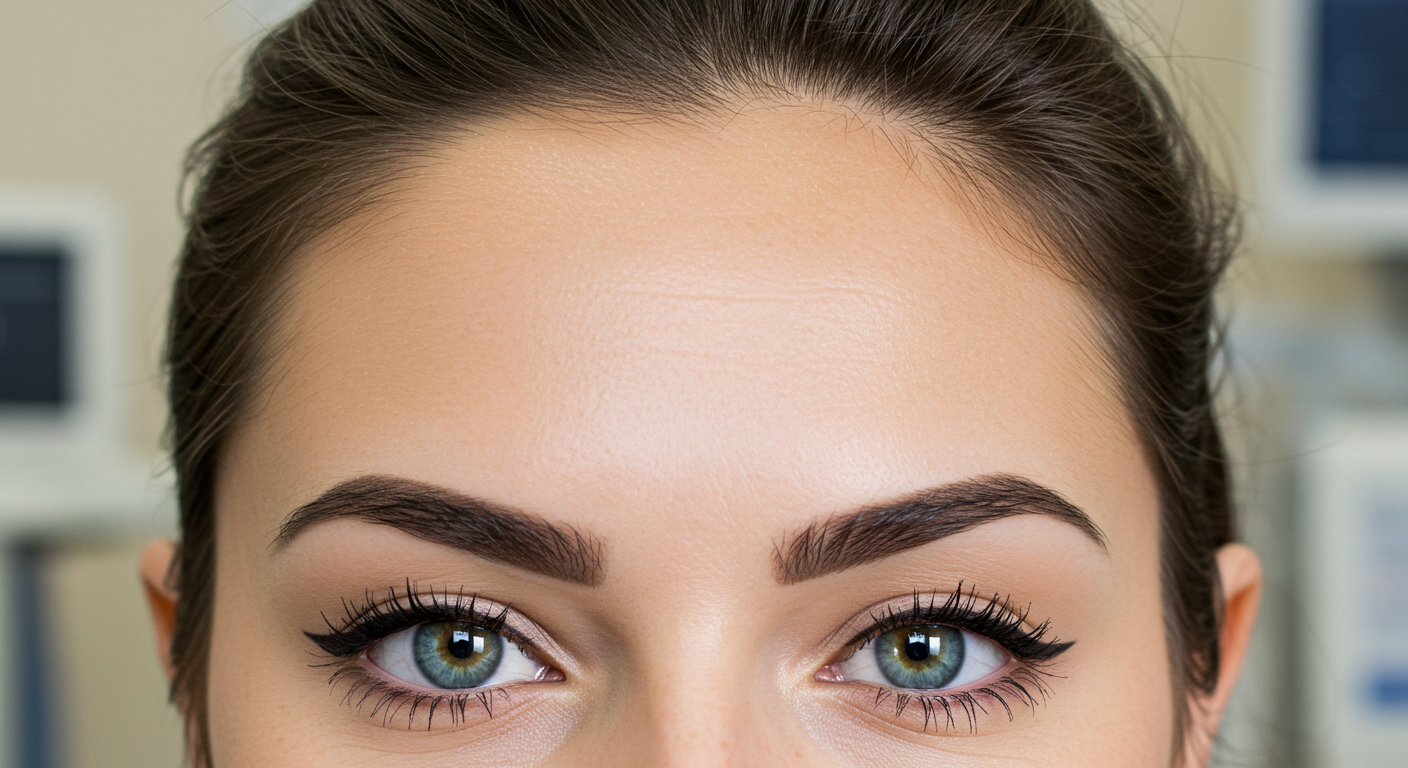 Close-up of a woman's face with smoky eye makeup and well-groomed eyebrows