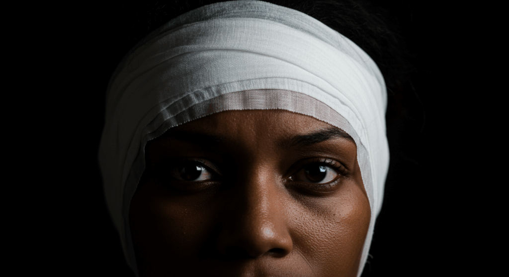 A person with a head injury wrapped in white bandages, looking directly at the camera with a serious expression.
