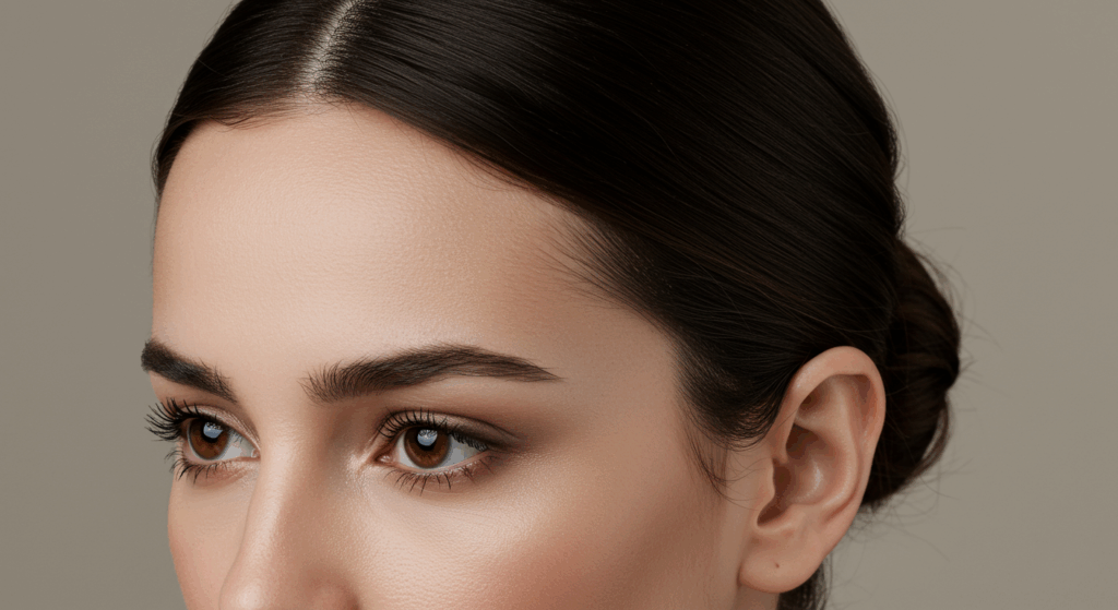 A close-up portrait of a woman with dark hair styled in a bun, looking to the side. She has prominent eyebrows and long eyelashes, with a neutral expression on her face.