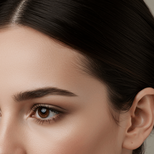A close-up portrait of a woman with dark hair styled in a bun, looking to the side. She has prominent eyebrows and long eyelashes, with a neutral expression on her face.