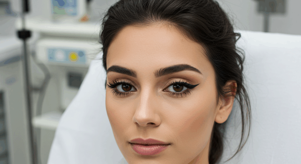 A close-up photo of a woman with dark hair and makeup, looking directly at the camera with a neutral expression.
