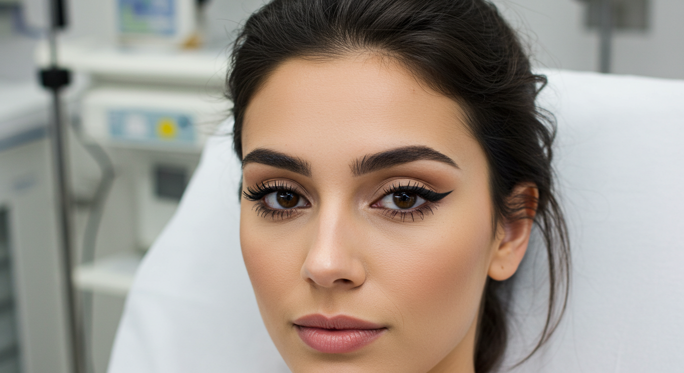 A close-up photo of a woman with dark hair and makeup, looking directly at the camera with a neutral expression.