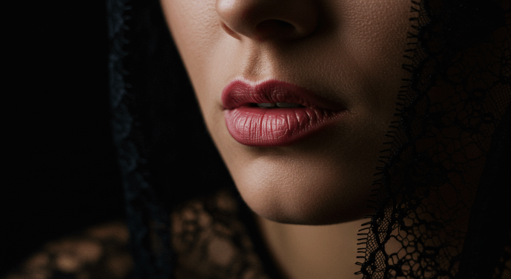 A close-up portrait of a person wearing a black lace hood, focusing on their lips with dark lipstick against a dark background.