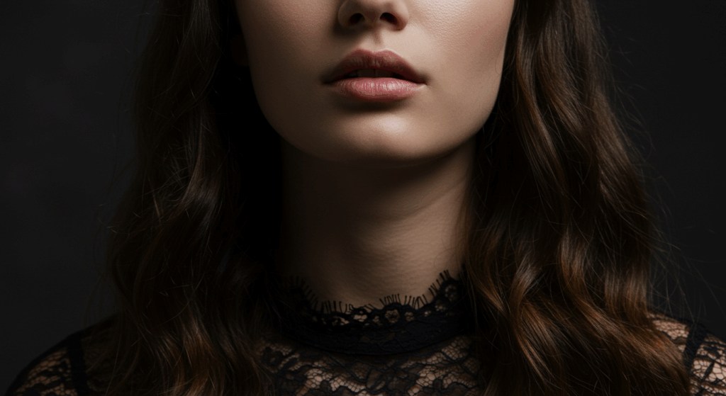A close-up photograph of a woman's face, focusing on her lips, chin, and neck. The image is taken in low lighting, with the background in darkness, creating a dramatic effect. The woman has long, wavy hair and is wearing a black lace top. The lighting highlights her facial features, giving the image a moody and artistic tone.