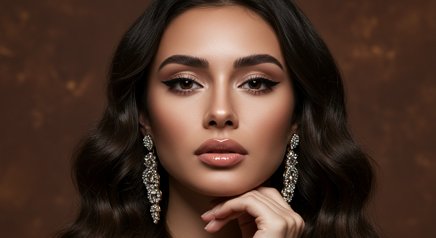 A glamorous portrait of a woman with long, wavy dark hair, wearing dramatic makeup with smoky eyes and nude lips. She has large, dangling diamond earrings and is posing with her hand gently touching her chin. The background is a soft, warm brown with subtle sparkles.