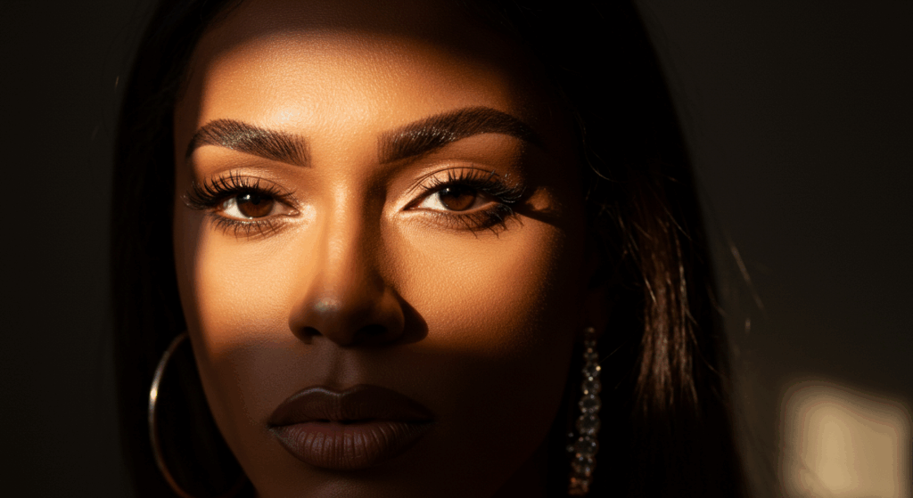 A close-up portrait of a woman with striking eye makeup and large hoop earrings, set against a dark background with dramatic lighting.