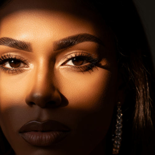 A close-up portrait of a woman with striking eye makeup and large hoop earrings, set against a dark background with dramatic lighting.