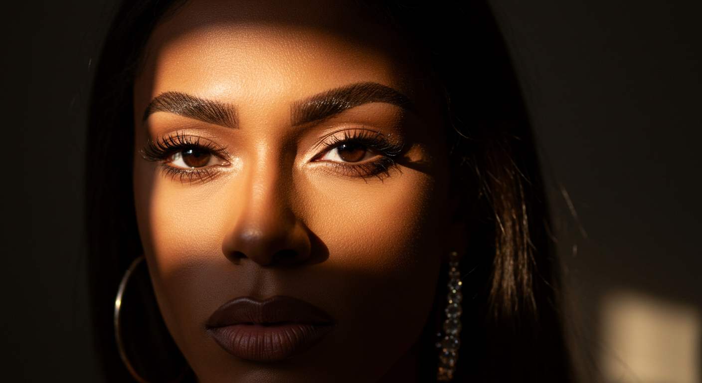 A close-up portrait of a woman with striking eye makeup and large hoop earrings, set against a dark background with dramatic lighting.