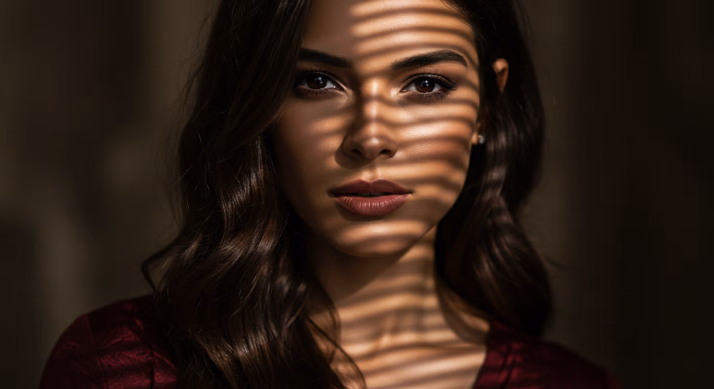 Une femme aux cheveux bruns et aux lèvres rouges fixe l'objectif d'un air sérieux. Ses cheveux sont ondulés et elle porte un haut rouge. L'image présente un effet de lumière dramatique, avec des ombres sur son visage.
