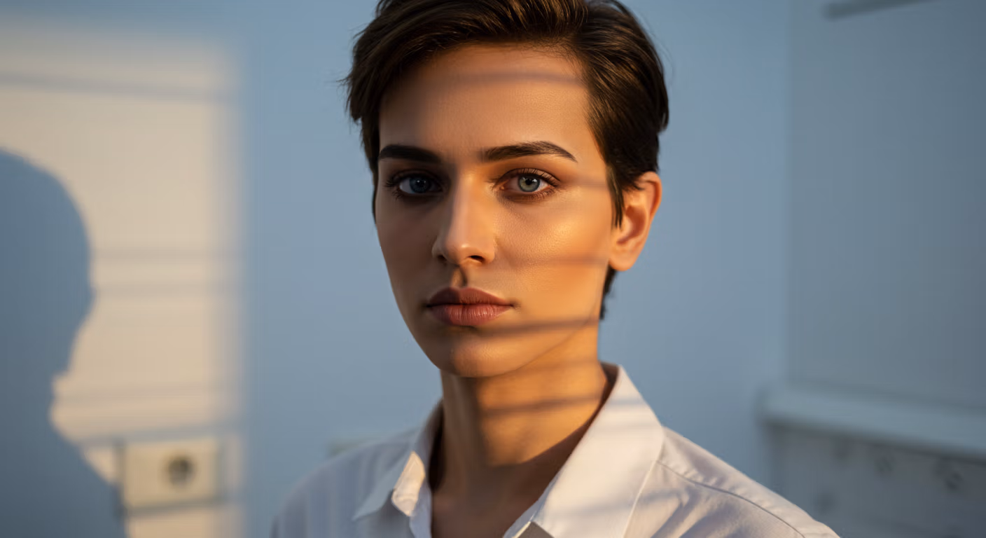 Une femme aux cheveux courts portant une chemise blanche dans une pièce décorée de bleu et de blanc.