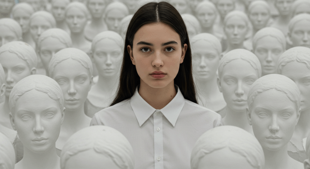 A young woman with long dark hair stands in the foreground, wearing a white collared shirt. Behind her is a crowd of identical white statues of women with long hair.