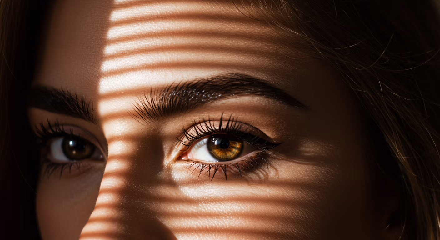 Gros plan d'un œil, la lumière du soleil créant un jeu d'ombres sur le visage.