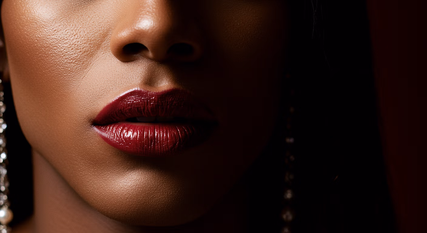 Gros plan d'un visage, mettant l'accent sur les lèvres maquillées d'un rouge à lèvres rouge foncé. La personne porte de grandes boucles d'oreilles pendantes et se détache sur un fond sombre.