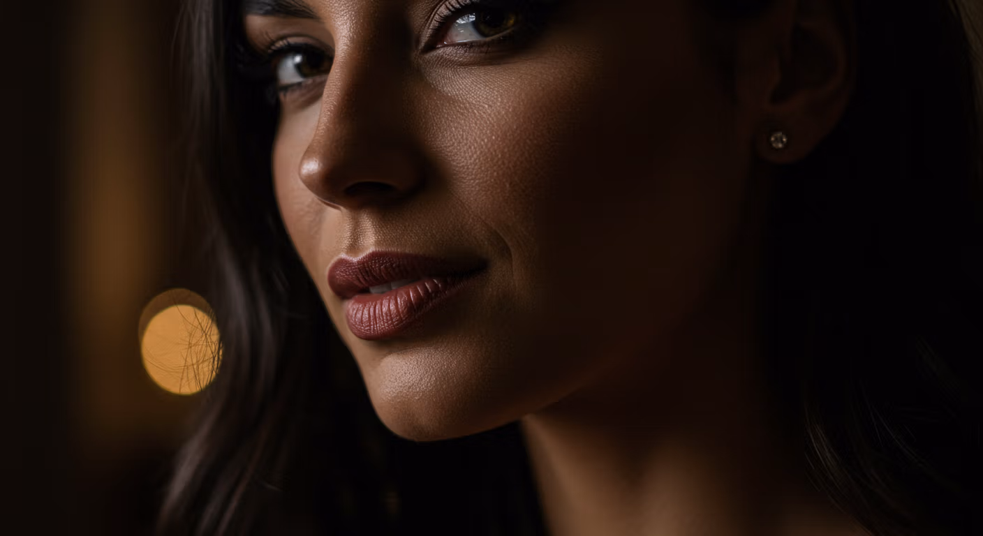 Gros plan d'une femme aux cheveux noirs, portant un rouge à lèvres foncé, le regard tourné sur le côté. L'image dégage une atmosphère dramatique et mélancolique, avec un effet de projecteur sur son visage.