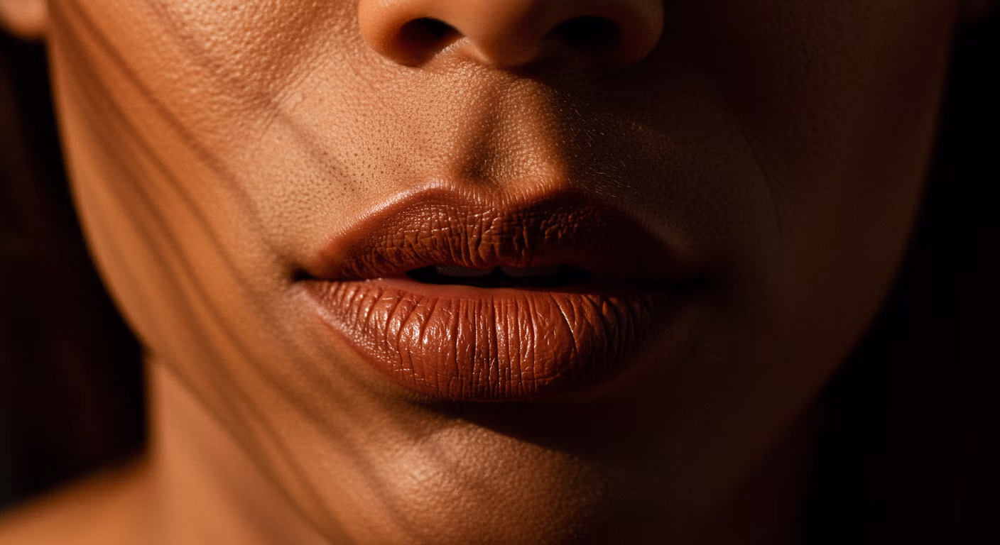 Gros plan photographique des lèvres d'une personne, révélant une teinte chaude et naturelle ainsi qu'une texture lisse.
