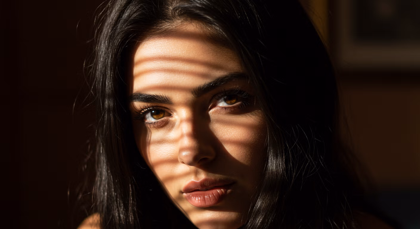 Portrait en gros plan d'une femme aux cheveux noirs et aux yeux perçants, illuminée par la lumière naturelle du soleil.