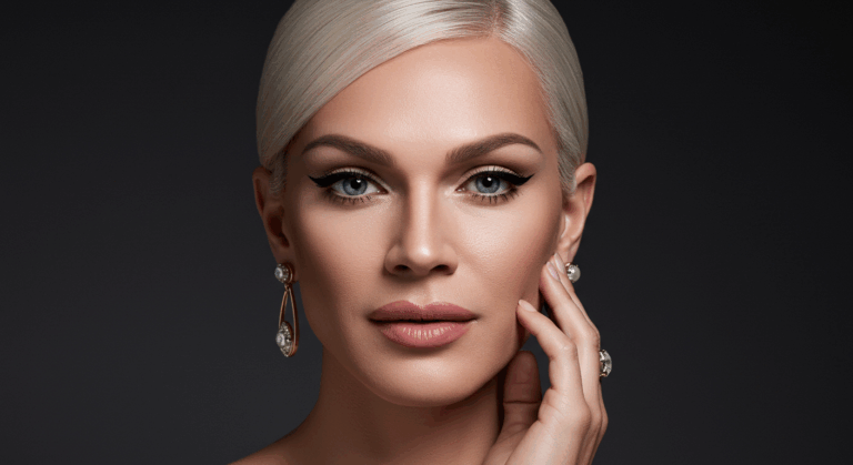 A close-up portrait of a woman with blonde hair, striking blue eyes, and elegant makeup. She is wearing large earrings and has a confident, poised expression.