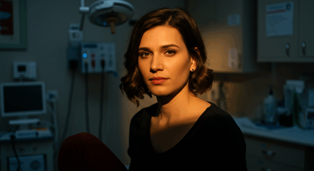 A woman with dark hair is sitting in a medical facility, looking directly at the camera with a serious expression. The room is equipped with medical devices and supplies.