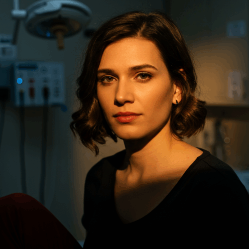 A woman with dark hair is sitting in a medical facility, looking directly at the camera with a serious expression. The room is equipped with medical devices and supplies.
