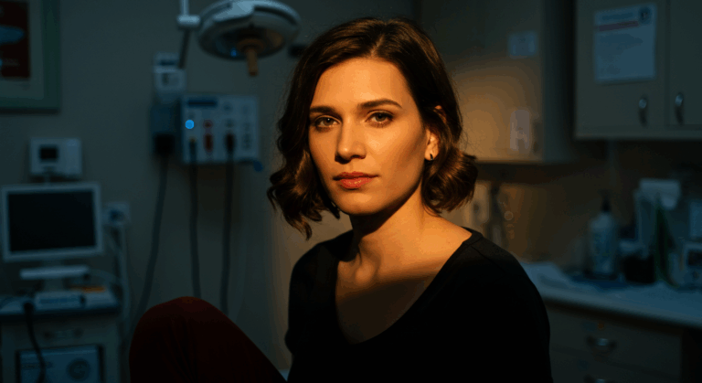 Une femme aux cheveux noirs est assise dans un établissement médical, regardant droit vers la caméra avec un air sérieux. La salle est équipée de matériel et d'appareils médicaux.