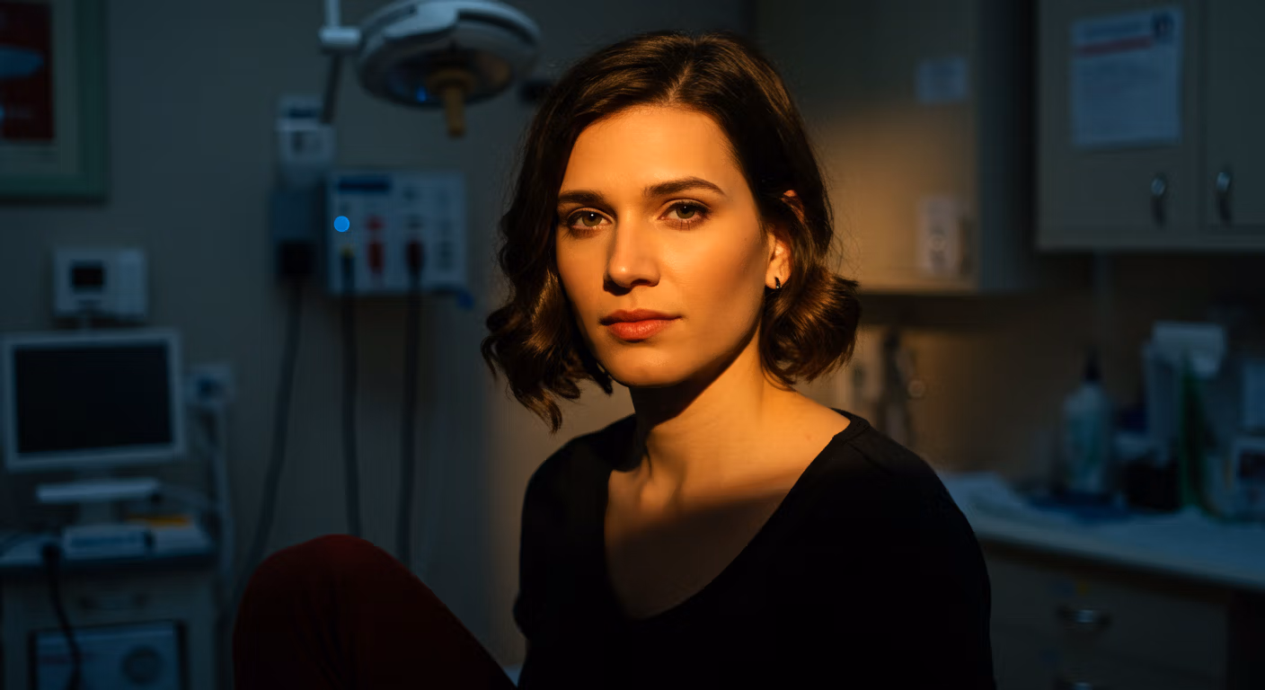 Une femme aux cheveux noirs est assise dans un établissement médical, regardant droit vers la caméra avec un air sérieux. La salle est équipée de matériel et d'appareils médicaux.