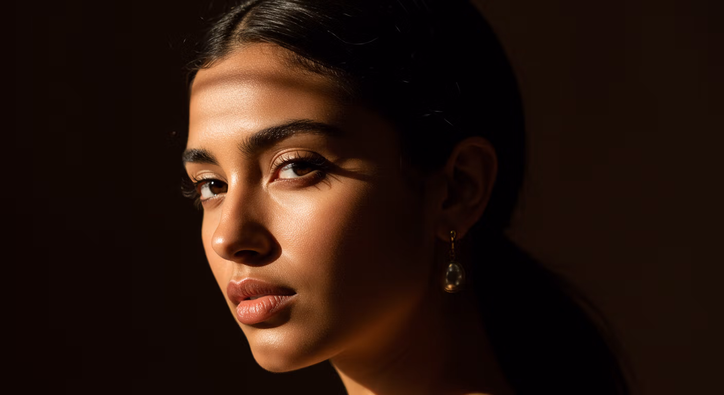 Portrait en gros plan d'une femme aux cheveux noirs et au maquillage des yeux prononcé, sur fond sombre.