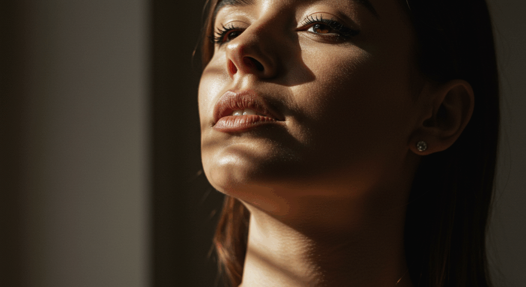 Portrait en gros plan d'une femme aux cheveux noirs et au rouge à lèvres rouge, regardant sur le côté avec une lumière douce illuminant son visage.