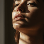 Un retrato de cerca de una mujer con cabello oscuro y lápiz labial rojo, mirando hacia un lado con una luz suave iluminando su rostro.