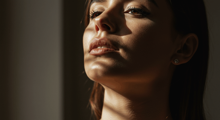 Portrait en gros plan d'une femme aux cheveux noirs et au rouge à lèvres rouge, regardant sur le côté avec une lumière douce illuminant son visage.