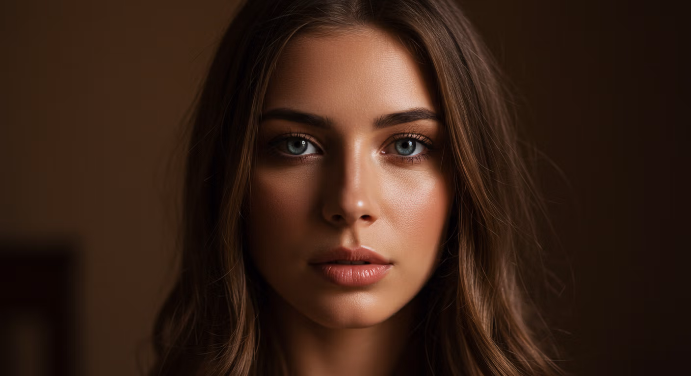 Portrait en gros plan d'une femme aux yeux verts saisissants et aux longs cheveux bruns, capturé dans une lumière douce et chaude.