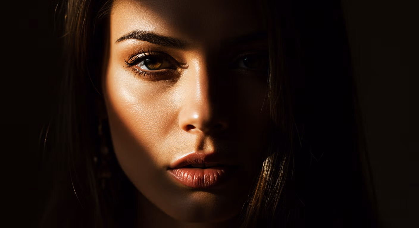 Portrait en gros plan d'une femme aux traits saisissants, illuminée par une lumière douce qui projette des ombres dramatiques, mettant en valeur ses yeux et ses lèvres.