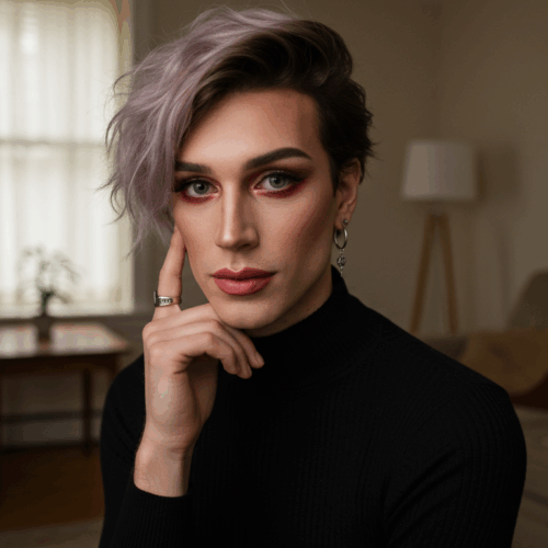 Une personne aux cheveux courts et violets portant un col roulé noir pose dans un salon avec un canapé et une lampe en arrière-plan.