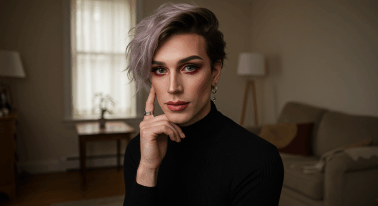 A person with short, purple hair wearing a black turtleneck poses in a living room with a couch and a lamp in the background.