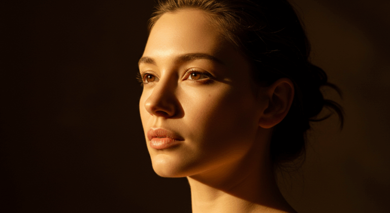 A young woman with brown hair and warm brown eyes is captured in a close-up portrait. The lighting is soft, highlighting her facial features with a gentle glow, creating a serene and introspective mood.