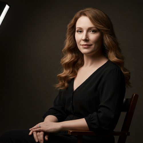 A woman with long red hair sitting on a chair in front of a black background with a studio light to the side.