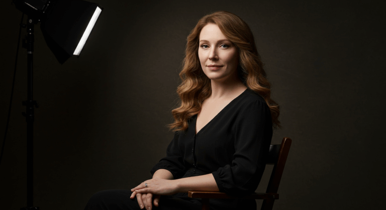 A woman with long red hair sitting on a chair in front of a black background with a studio light to the side.