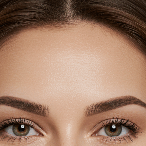 A close-up photograph of a woman's face focusing on her eyes and eyebrows. The woman has green eyes and neatly groomed eyebrows.