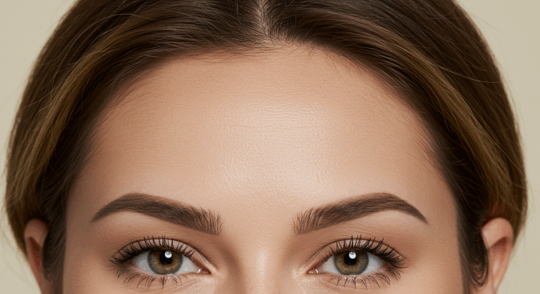 A close-up photograph of a woman's face focusing on her eyes and eyebrows. The woman has green eyes and neatly groomed eyebrows.