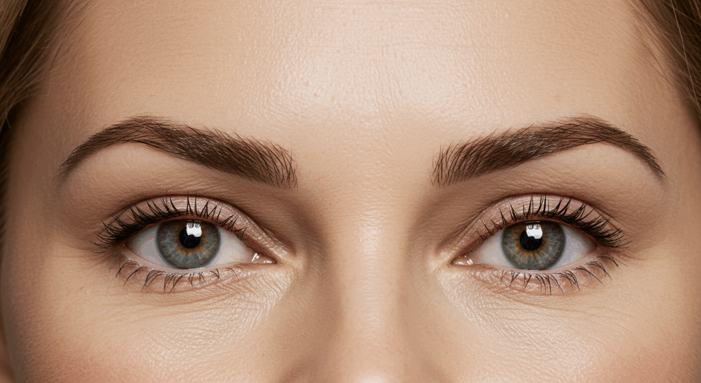 A close-up photograph of a person's face, focusing on their eyes and eyebrows. The individual has light-colored eyes and well-groomed eyebrows.