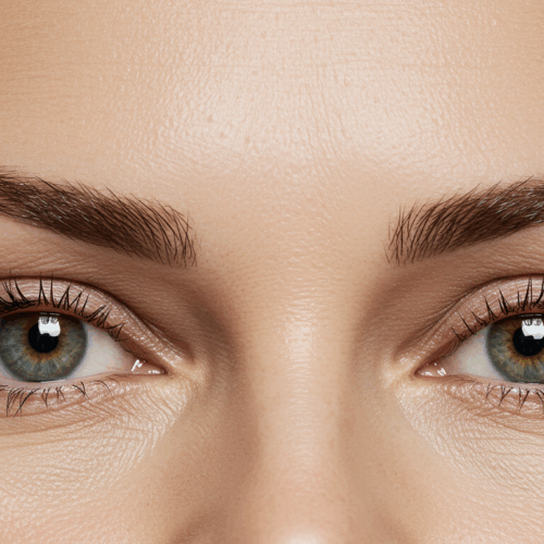A close-up photograph of a person's face, focusing on their eyes and eyebrows. The individual has light-colored eyes and well-groomed eyebrows.