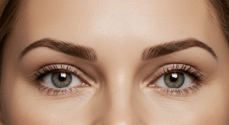 A close-up photograph of a person's face, focusing on their eyes and eyebrows. The individual has light-colored eyes and well-groomed eyebrows.