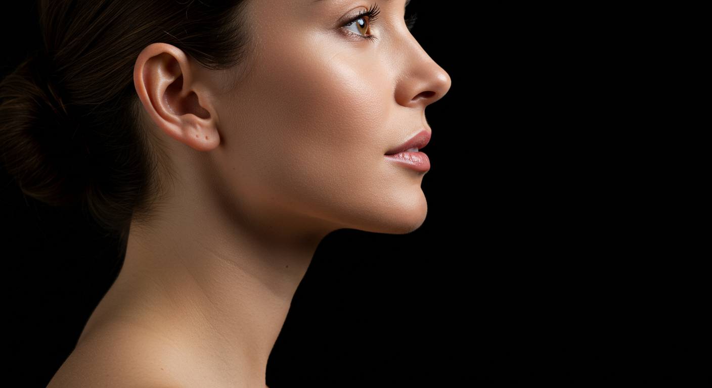A close-up side profile of a woman's face with smooth skin and delicate features, highlighted against a black background.