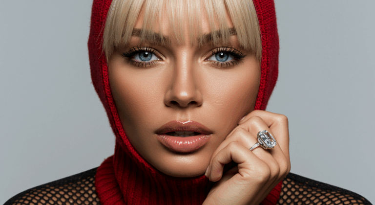 A blonde woman with striking blue eyes poses confidently. She wears a red headscarf and a black mesh top, accessorized with a large, elegant ring on her finger.