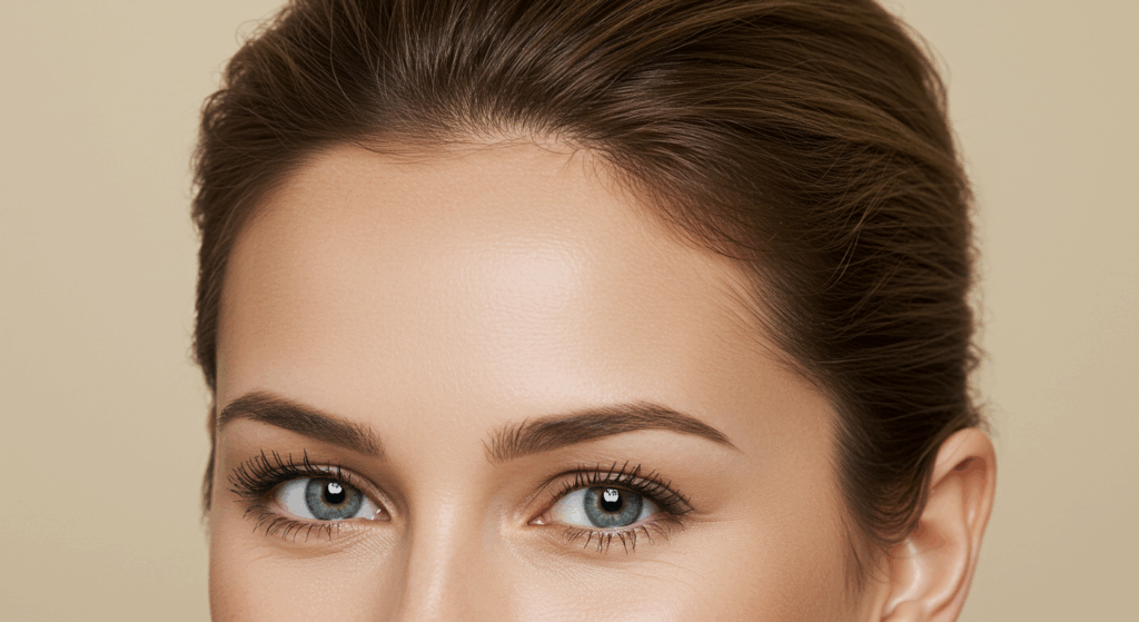 A close-up image of a woman's face focusing on her eyes and eyebrows, with her hair neatly styled back.