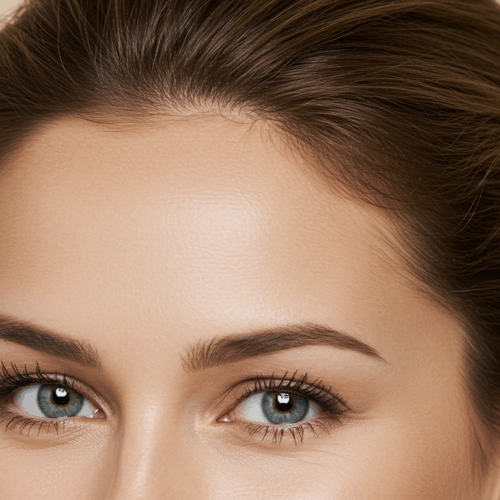 A close-up image of a woman's face focusing on her eyes and eyebrows, with her hair neatly styled back.