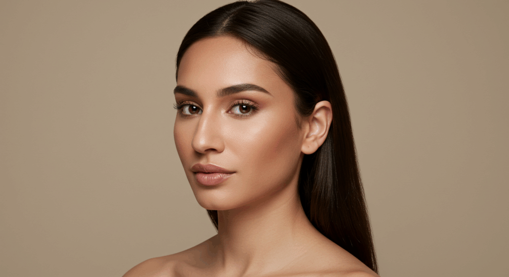 A portrait of a woman with smooth, dark hair pulled back, posing against a neutral background.