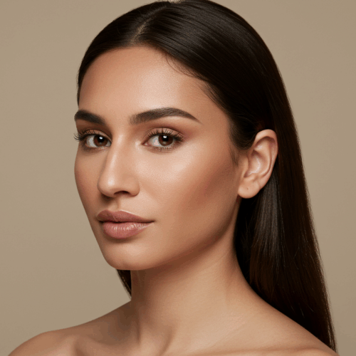 A portrait of a woman with smooth, dark hair pulled back, posing against a neutral background.